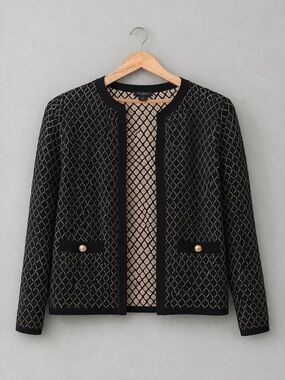 Ann Taylor Factory Cardigan Sweater M Black Cream Geometric Knit Gold Button